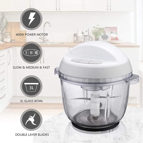Homeleader Food Chopper, 10 Cup Electric Food Processor, 3L Large Size BPA-Free Glass Bowl Blender Grinder with 3 Speeds for Meat, Vegetables, Fruits